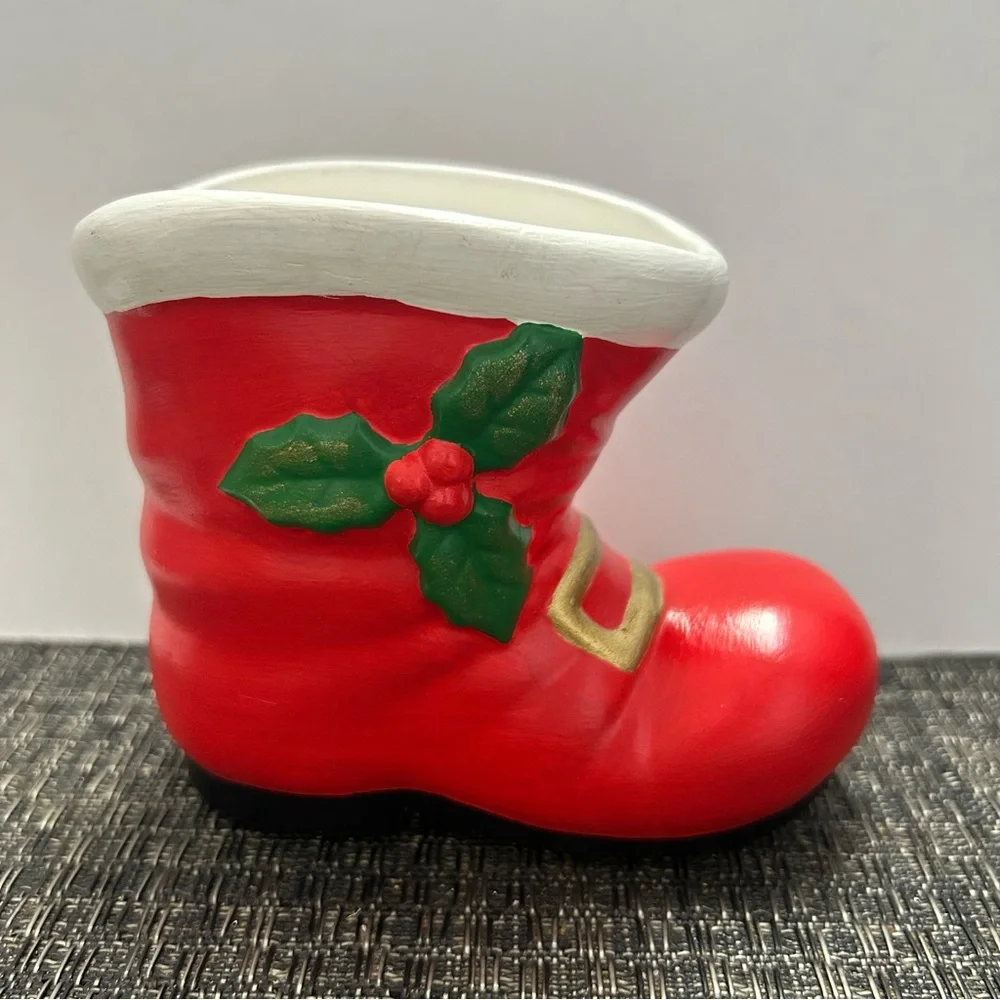 Vintage Santa Ceramic Boot Signed With Holly Vase Planter Holiday Decor 1982 - Picture 1 of 10